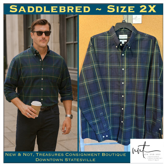 Saddlebred Men's Long Sleeve Button Down Shirt Blue Green Plaid Collar Size 2X