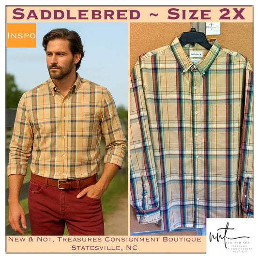 Saddlebred Men’s 2X Plaid Button-Down Shirt Classic Fit Long Sleeve Tan Burgundy