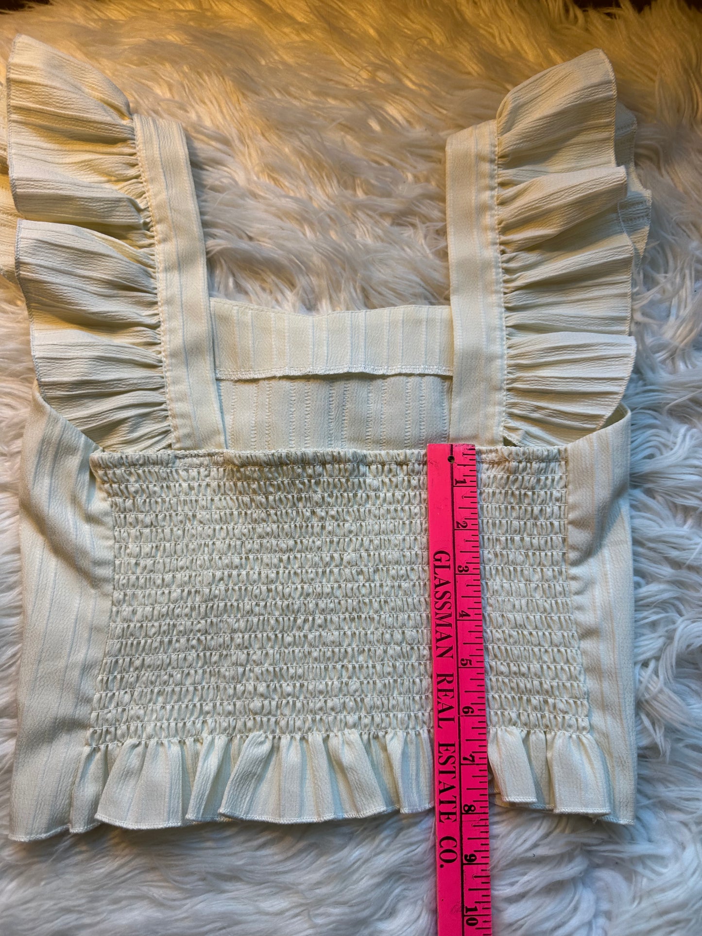 White Ruffle Sleeve Square Neck Blouse – Smocked Back Slim Fit Top Size Small
