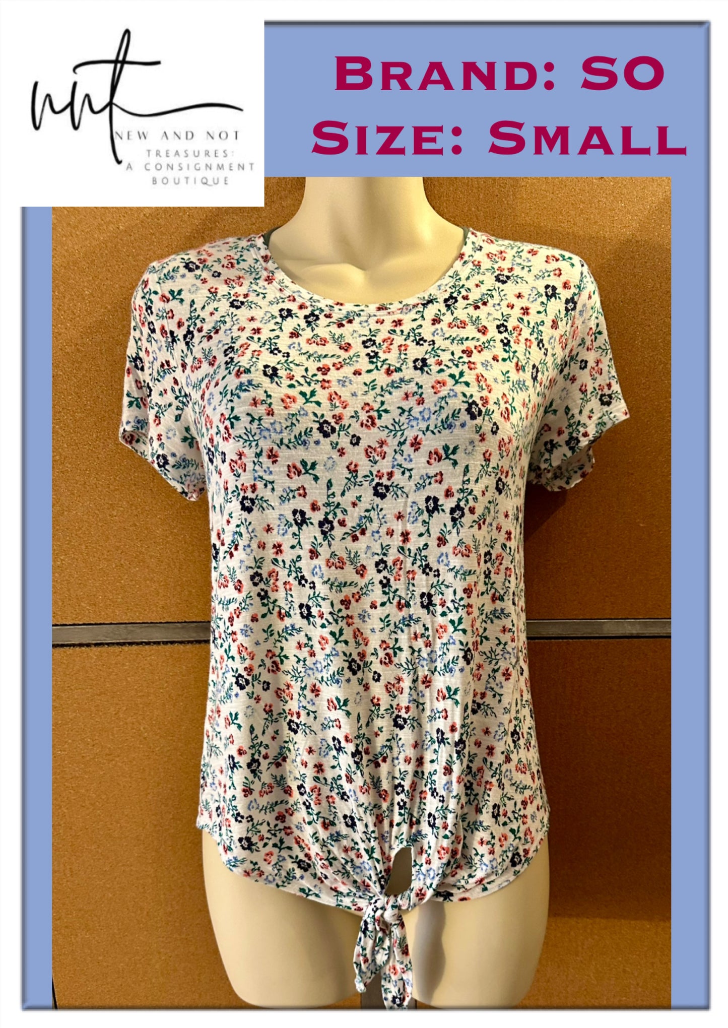 SO White Floral Tie Front Short Sleeve Tee Shirt Women’s Size Small