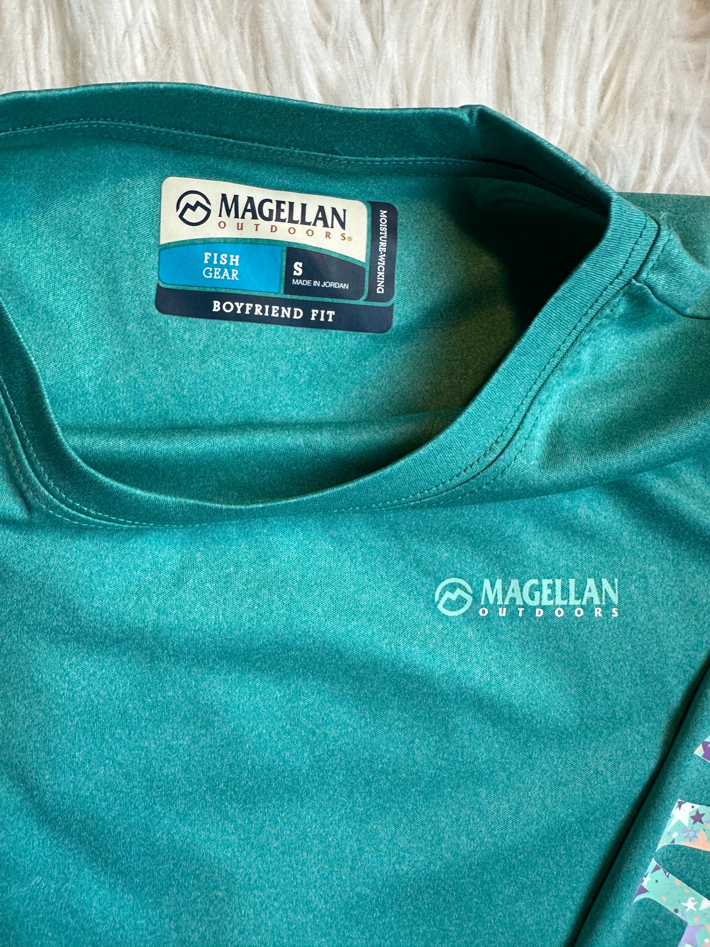 Magellan Fish Gear Women's Size S Boyfriend Fit Teal Moisture Wicking Logo Shirt