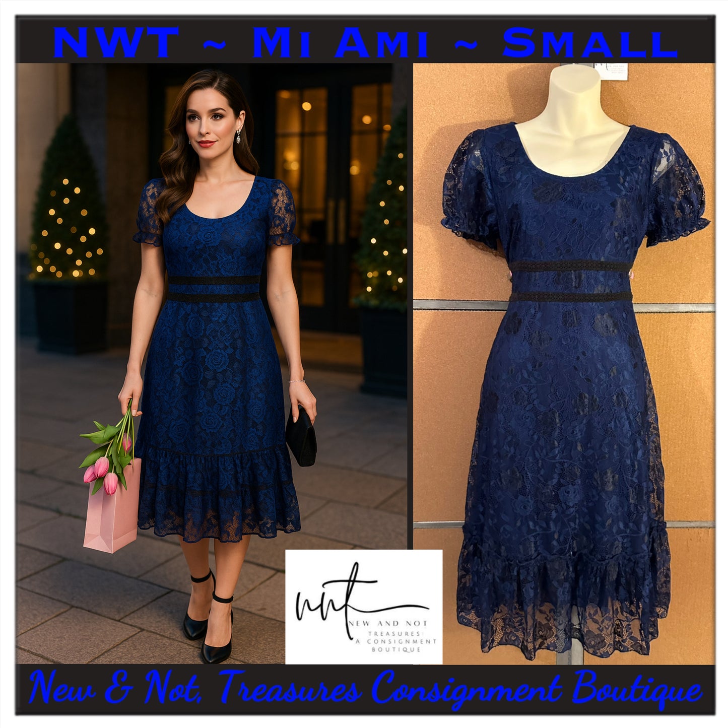 NWT Mi Ami Navy & Black Floral Lace Ruffle Tier Midi Dress – Size Small