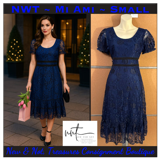 NWT Mi Ami Navy & Black Floral Lace Ruffle Tier Midi Dress – Size Small
