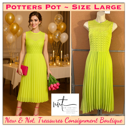 Potters Pot Accordion Pleated Chiffon & Lace Sleeveless Midi Dress – Size Large