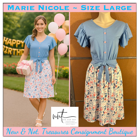 Marie Nicole Blue White Floral Tie-Waist Dress with Flutter Sleeves – Large