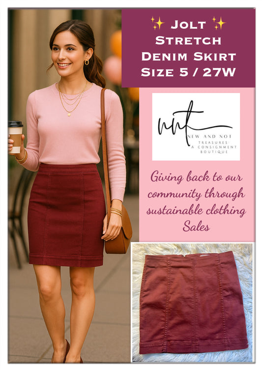✨ Jolt Stretch Denim Skirt Women’s Size 5 / 27W Burgundy Pencil Mini Preowned