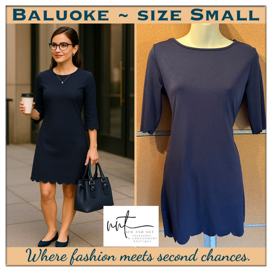 Balauoke Navy Scallop Hem Sheath Dress Women’s Small Half Sleeve Above Knee