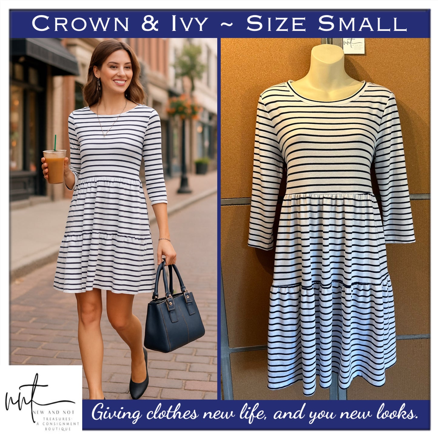 Belk Crown & Ivy Navy Blue White Striped 3/4 Sleeve Tiered Dress Size Small
