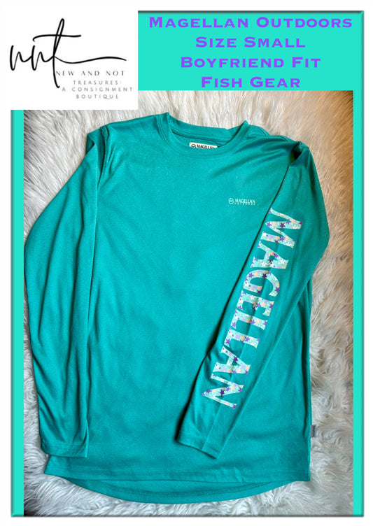 Magellan Fish Gear Women's Size S Boyfriend Fit Teal Moisture Wicking Logo Shirt