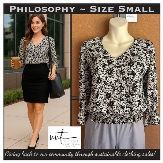 Philosophy Black White Floral V-Neck Blouson Sleeve Smocked Waist Women’s Small