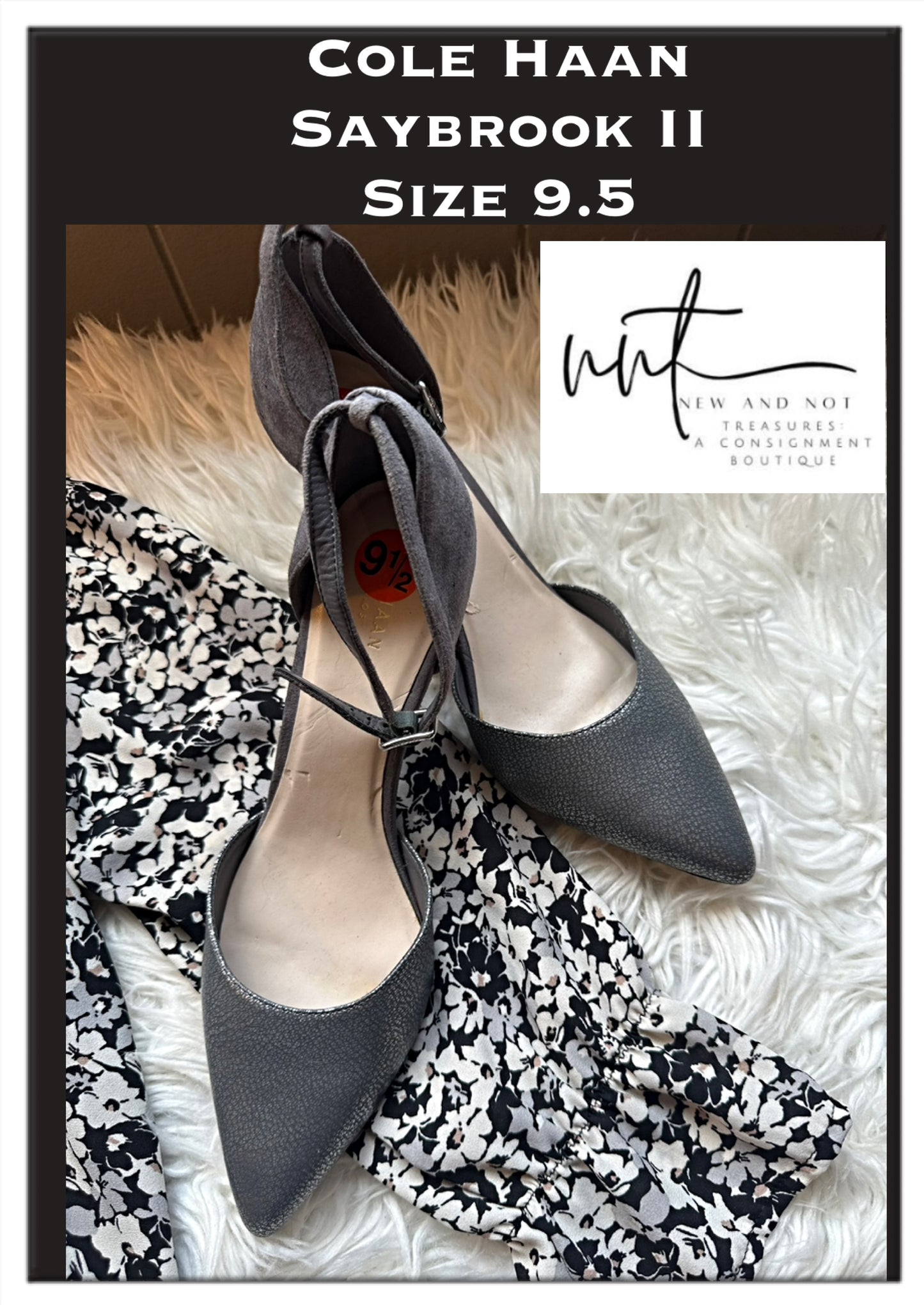 COLE HAAN Saybrook II D’orsay Ankle Strap Pump Gray Leather Suede Shoes Sz 9.5