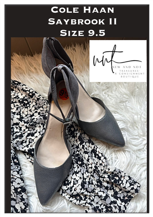 COLE HAAN Saybrook II D’orsay Ankle Strap Pump Gray Leather Suede Shoes Sz 9.5