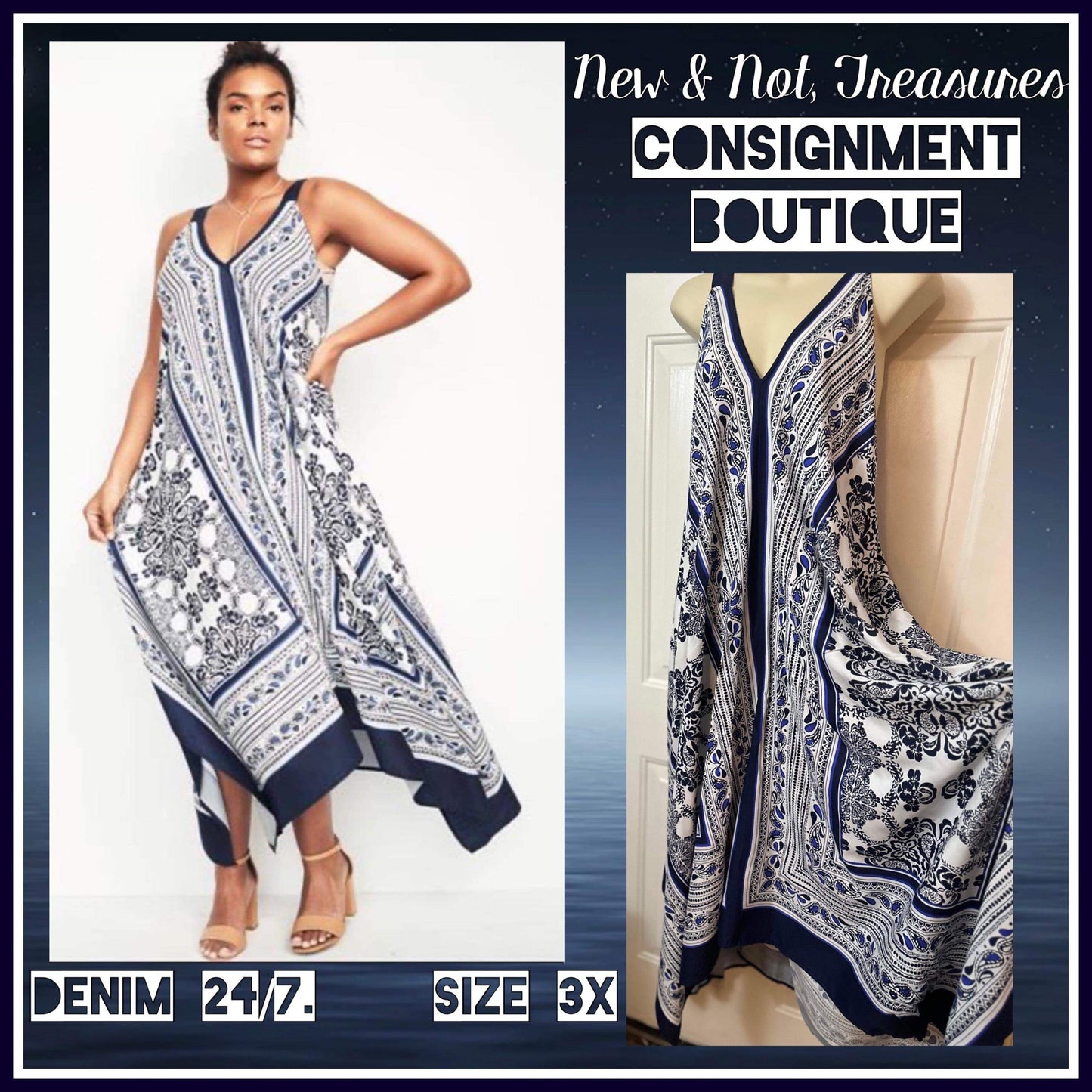 Denim 24/7 Women's 3X Navy & White Scarfprint Sleeveless Asymmetrical Maxi Dress