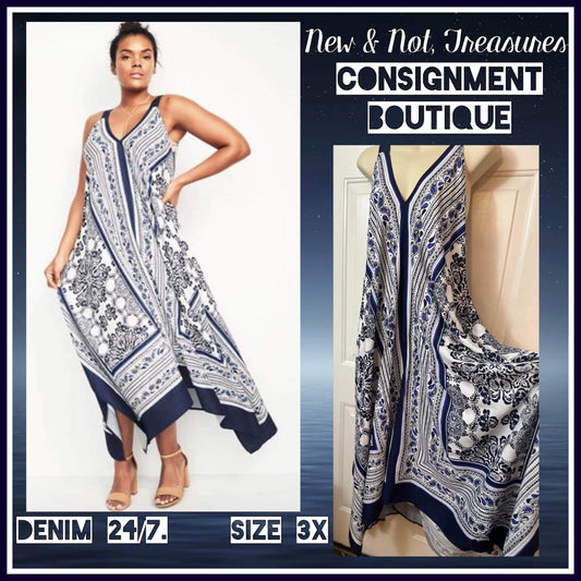 Denim 24/7 Women's 3X Navy & White Scarfprint Sleeveless Asymmetrical Maxi Dress