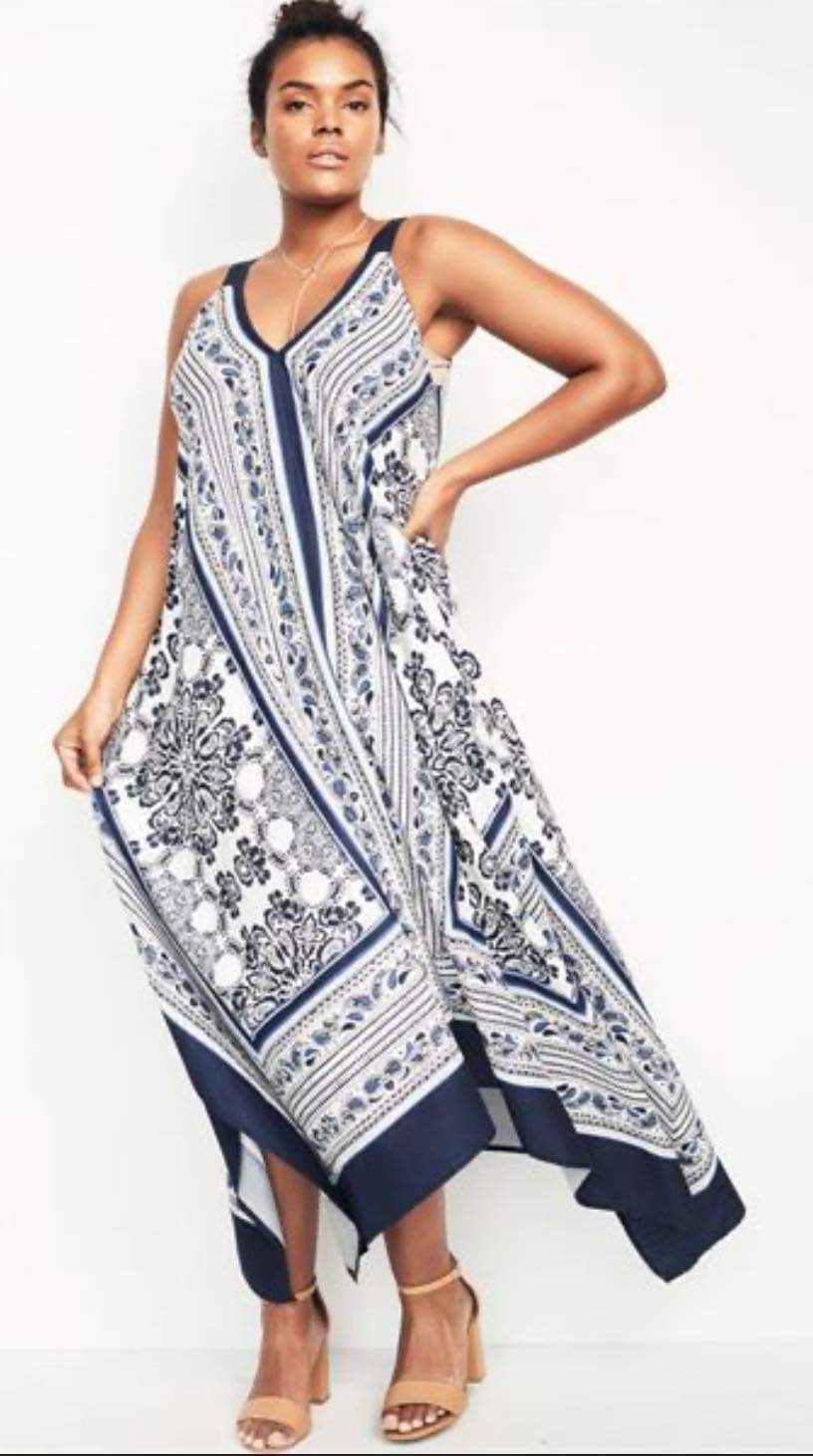 Denim 24/7 Women's 3X Navy & White Scarfprint Sleeveless Asymmetrical Maxi Dress