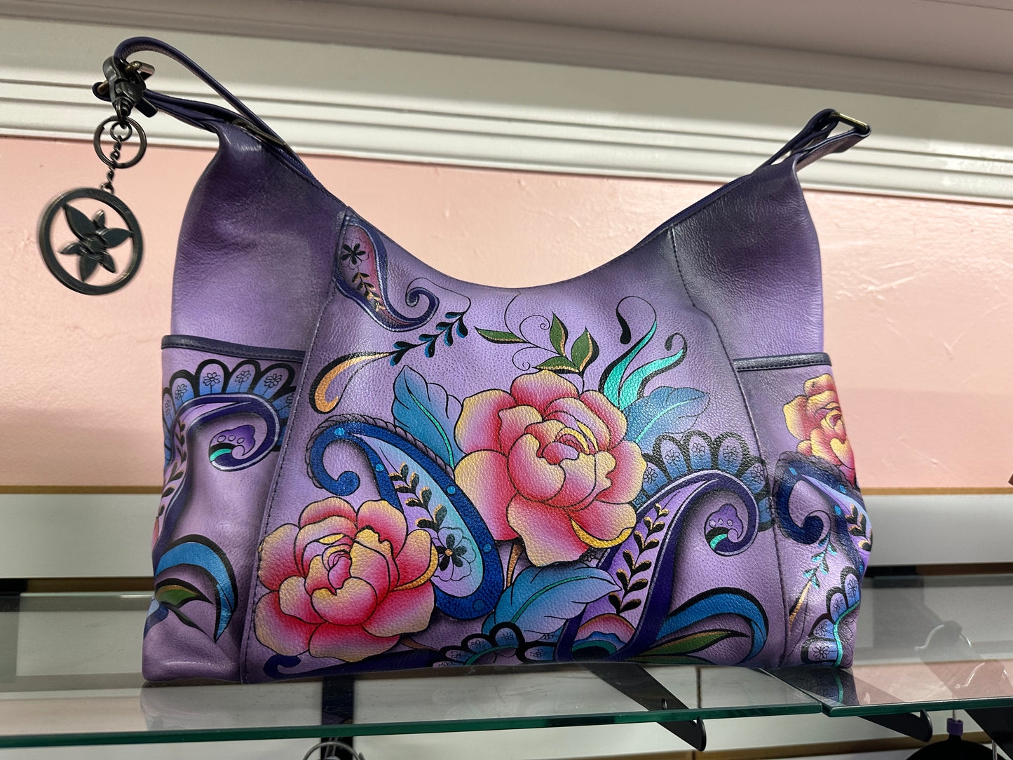 Anuschka Peonies and Paisleys Handpainted Leather Hobo Bag