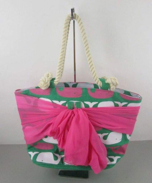 Mud Pie Sarong-Along Tote Bag Purse Whale Theme Green ~ Pink & White whales