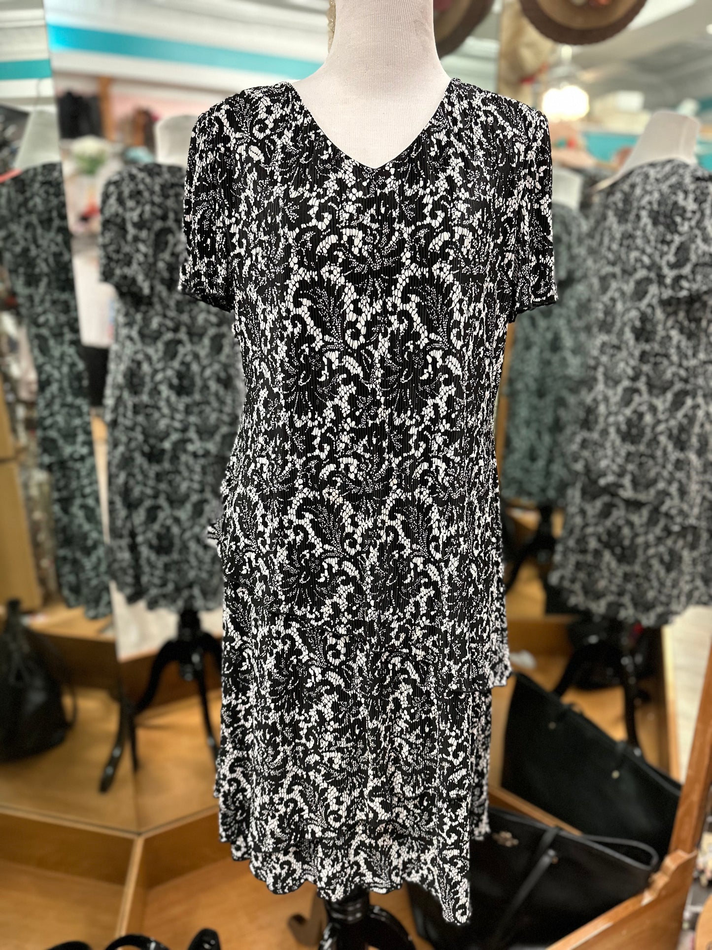 Connected Apparel Black and White Ruffle Dress in L