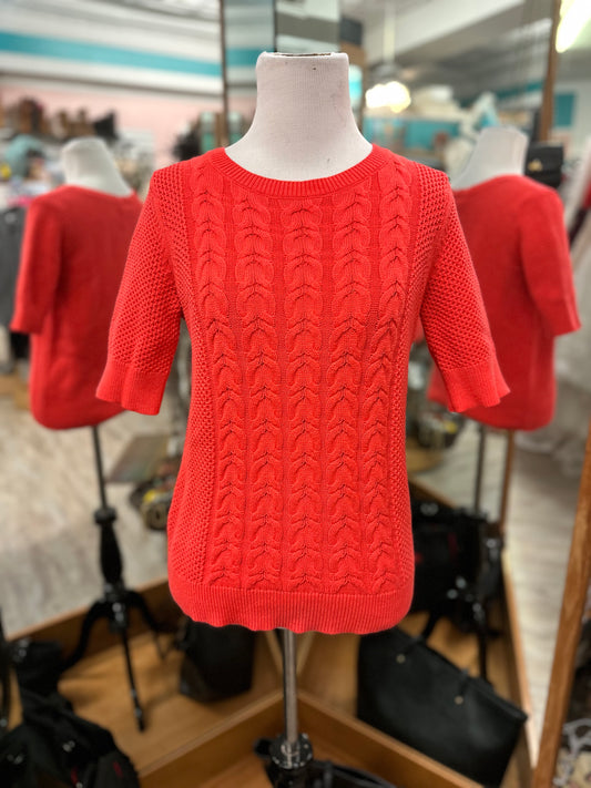 Ann Taylor Red Cable Knit Short Sleeve Sweater in XS