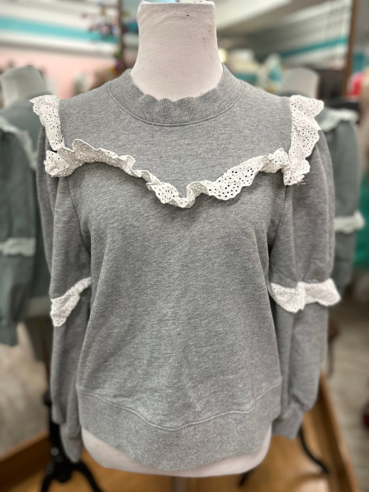 Othilia Grey Ruffle Lace Crewneck Sweater in S