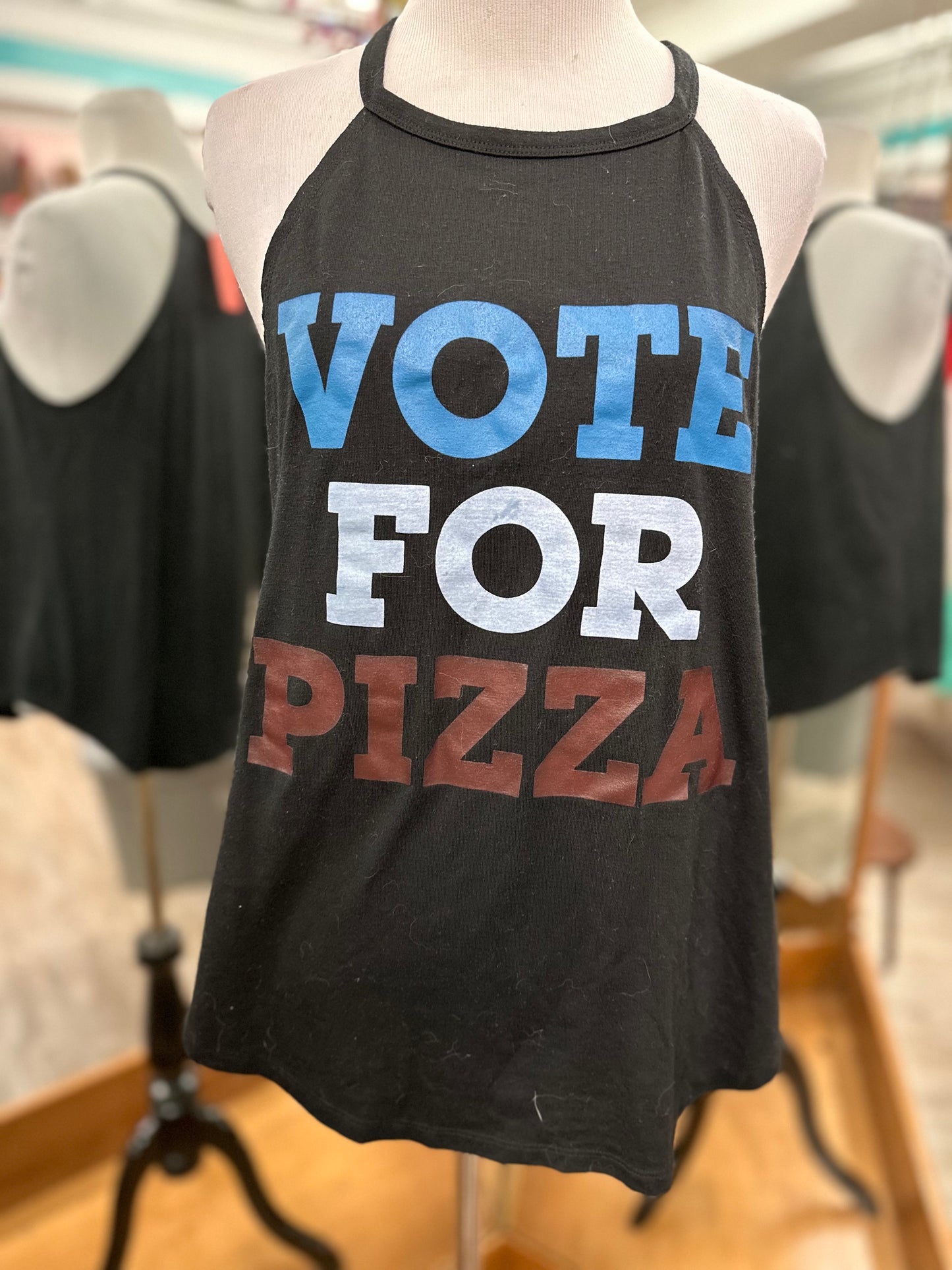 LOL Vintage Vote for Pizza Black Tank in S