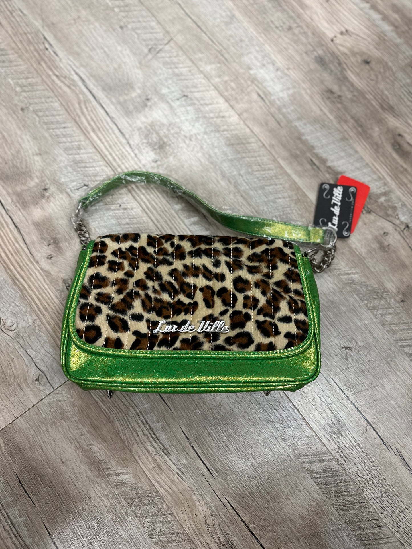 Lux De Ville Mini Gambler Lime Green Sparkle with Leopard Fur Bag