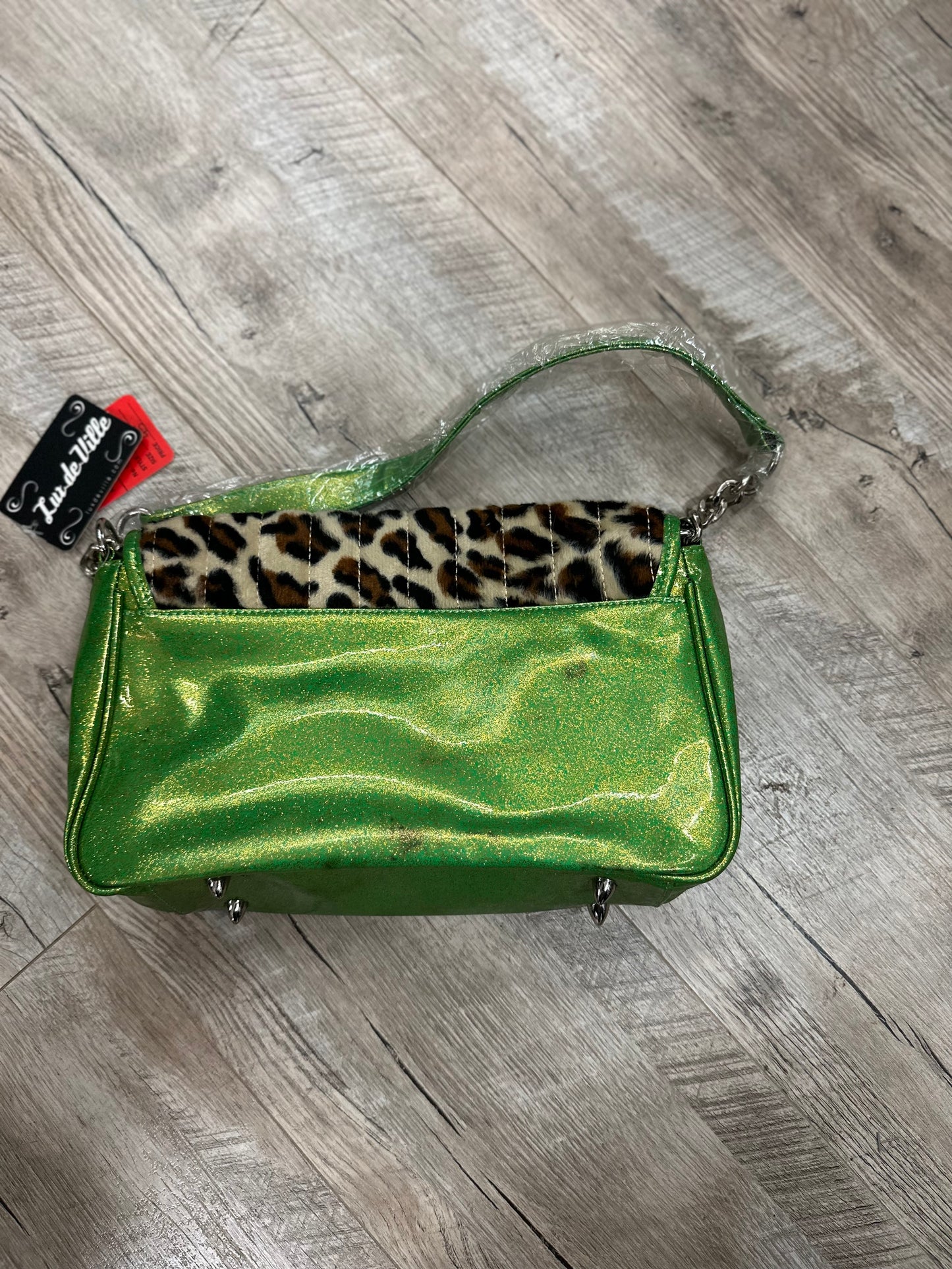 Lux De Ville Mini Gambler Lime Green Sparkle with Leopard Fur Bag