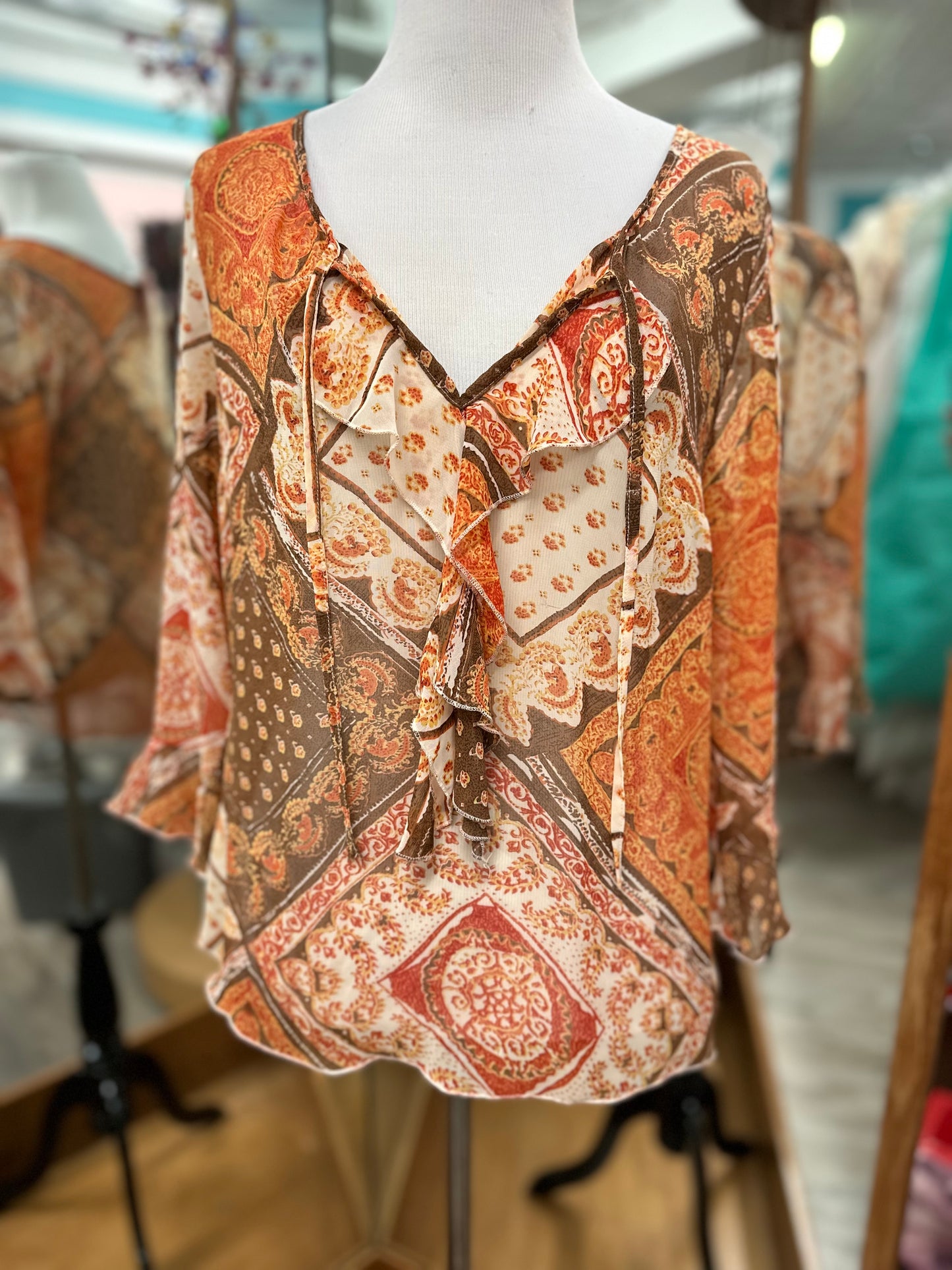 Apt 9 Orange Paisley Sheer Long Sleeve in S