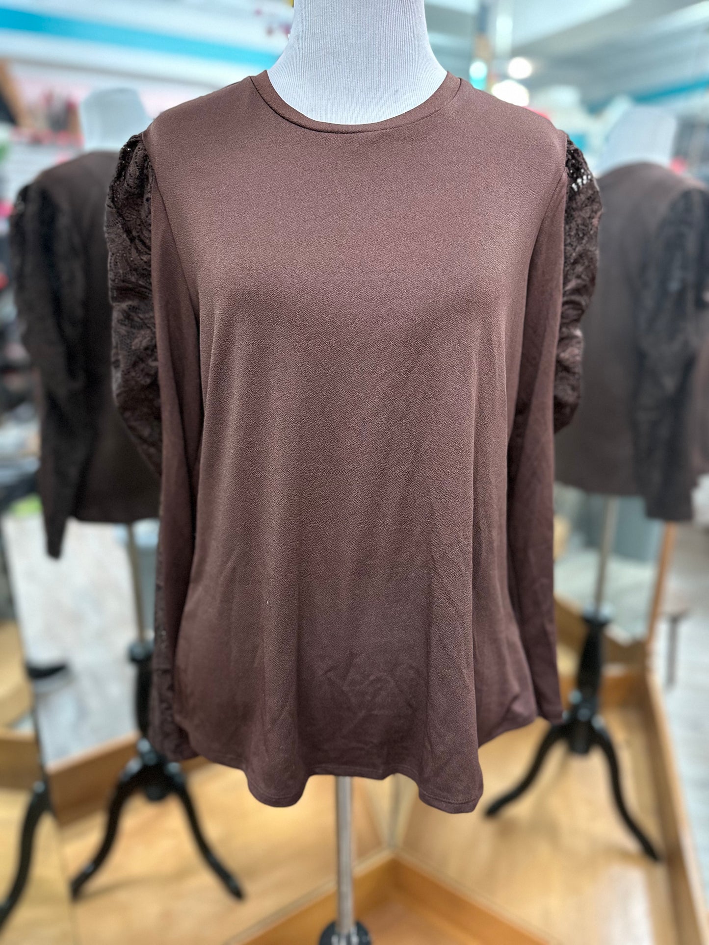 Cato Brown Lace Long Sleeve Top in XS