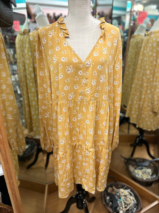 True Craft Mustard Floral Print Ruffle Dress in 1X