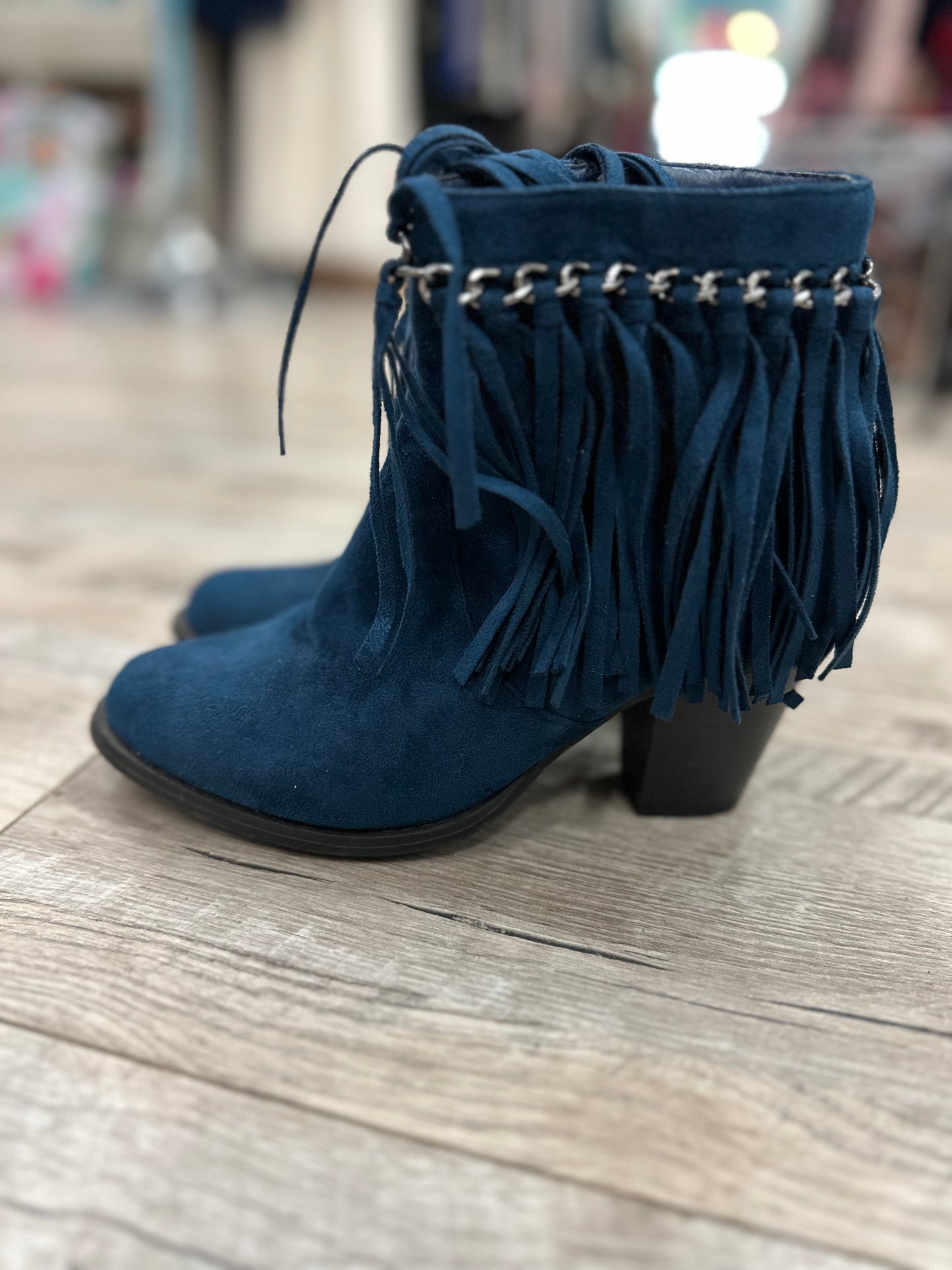 Pierre Dumas Navy Fringe Heeled Boots in 6