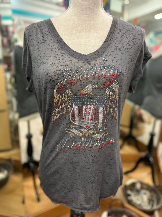 Harley Davidson Grey Rhinestone Bling Burnout Tee in L