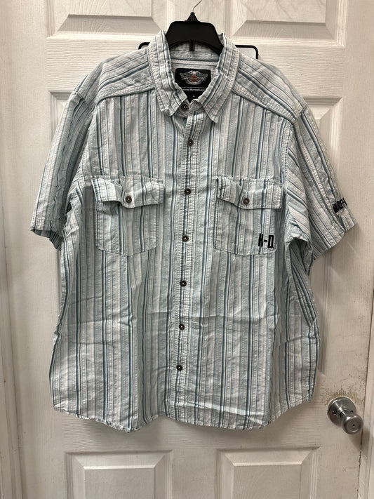 Harley Davidson Blue and White Striped Embroidered Button Down Short Sleeve in XL