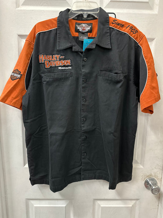 Harley Davidson Black Color Black Embroidered Button Down Short Sleeve in XL