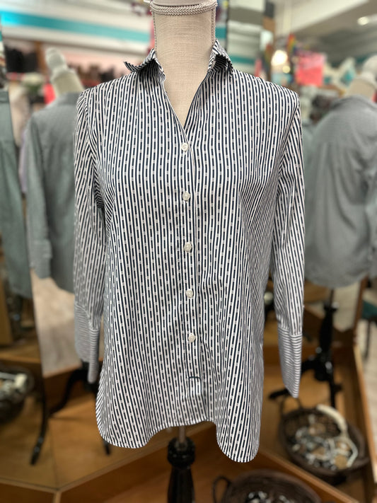 Chicos Navy Striped and Polkadot Pattern Long Sleeve Button Down in 0.5