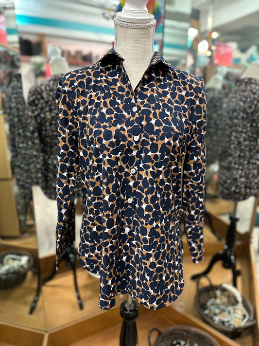 Chico's Navy and Brown Leopard Print Long Sleeve Button Down in 0.5