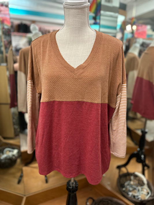 Sew In Love Fall Color Block Waffle Knit Long Sleeve in S