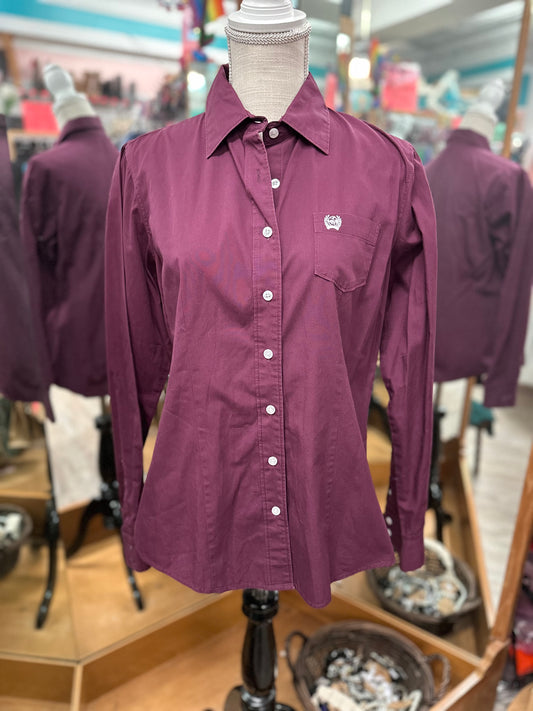 Cinch Plum Button Down Long Sleeve Top in L