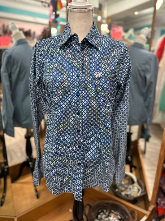 Cinch Blue Patterned Button Down Long Sleeve in L