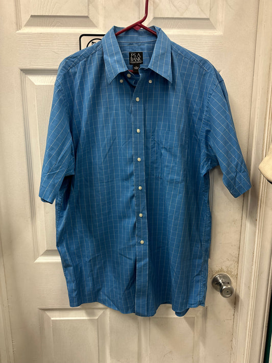 Jos A Bank Travelers Collection Dark Blue Plaid Button Down Short Sleeve in L