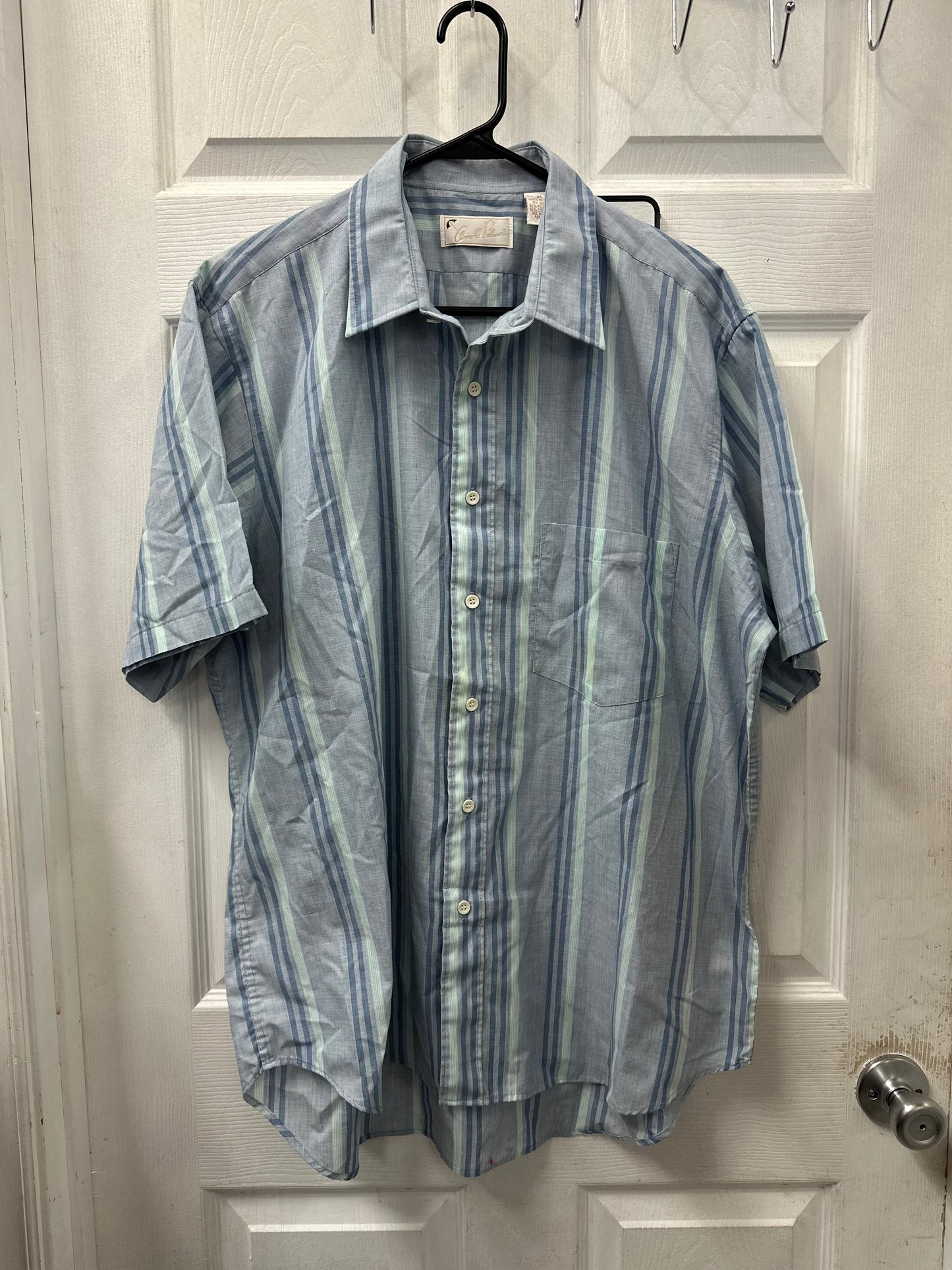 Vintage Arnold Palmer Blue and Green Striped Short Sleeve Button Down in XL