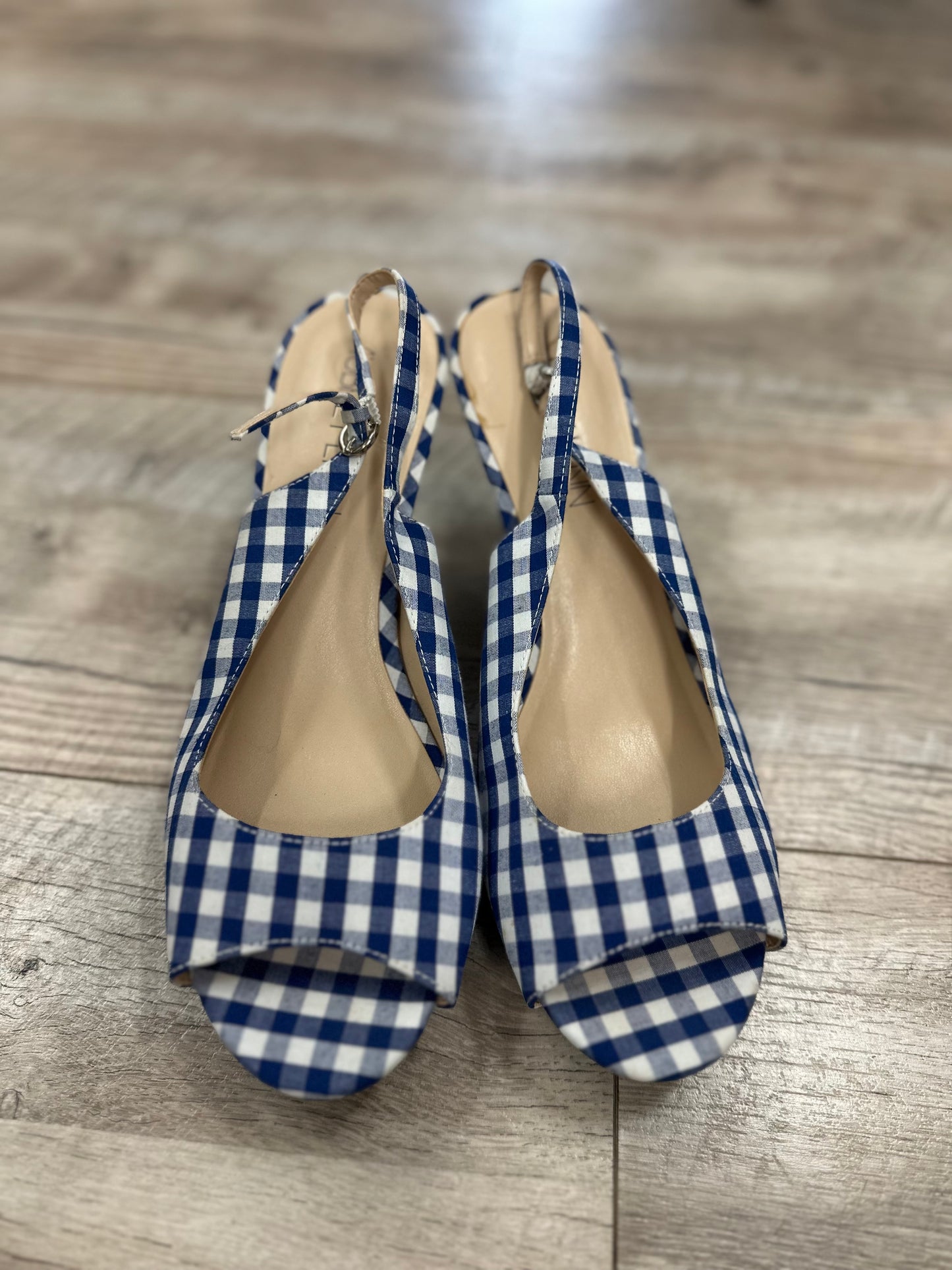 Aubrey Lynn Blue Check Peep Toe Heels in 9.5