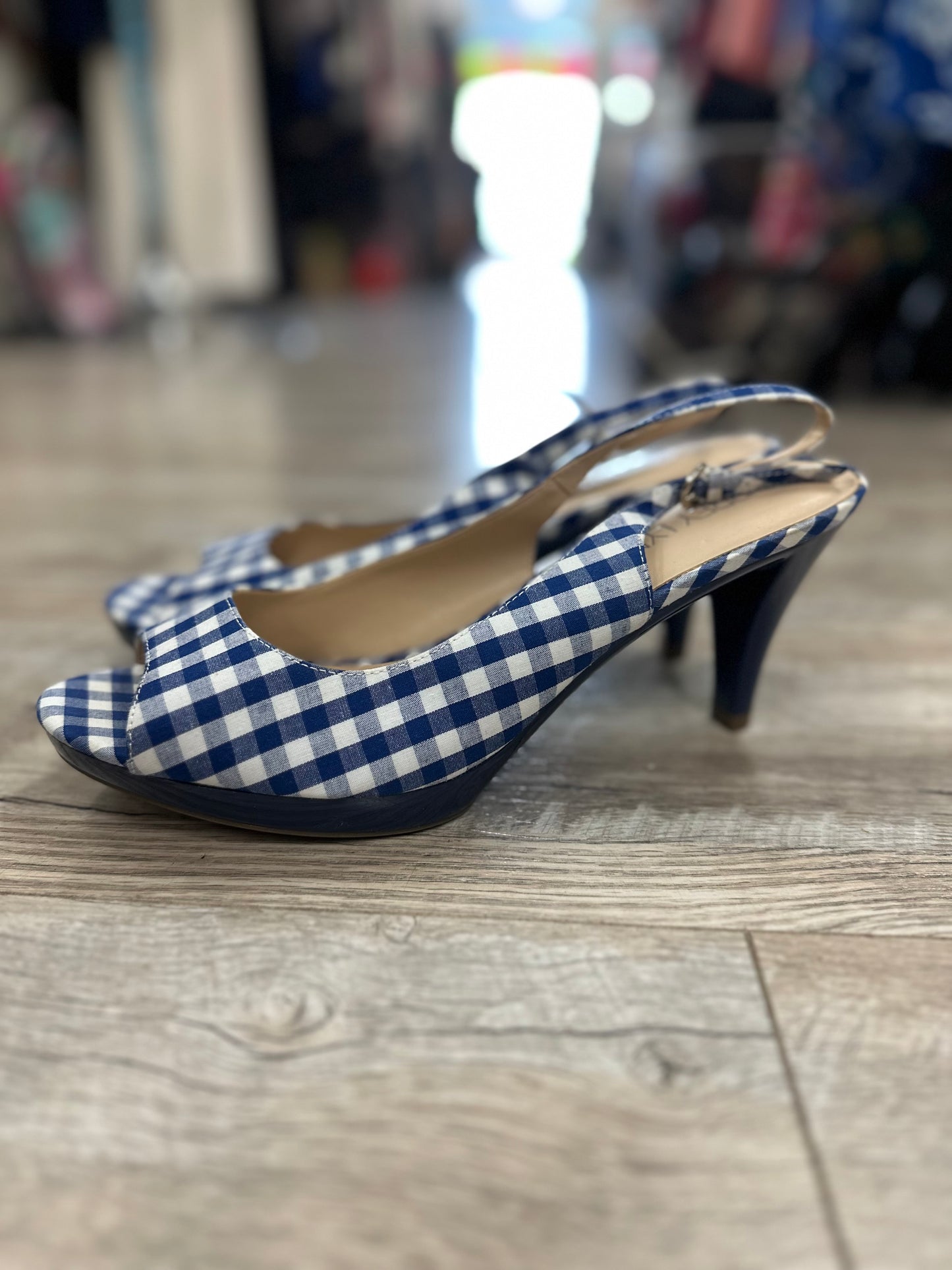 Aubrey Lynn Blue Check Peep Toe Heels in 9.5