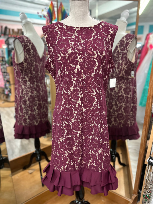 Donna Rico Burgundy Lace Ruffle Bottom Dress in 14