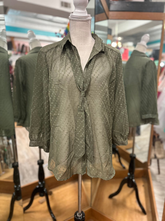 New York and Company Olive Swiss Dot Sheer Long Sleeve in L