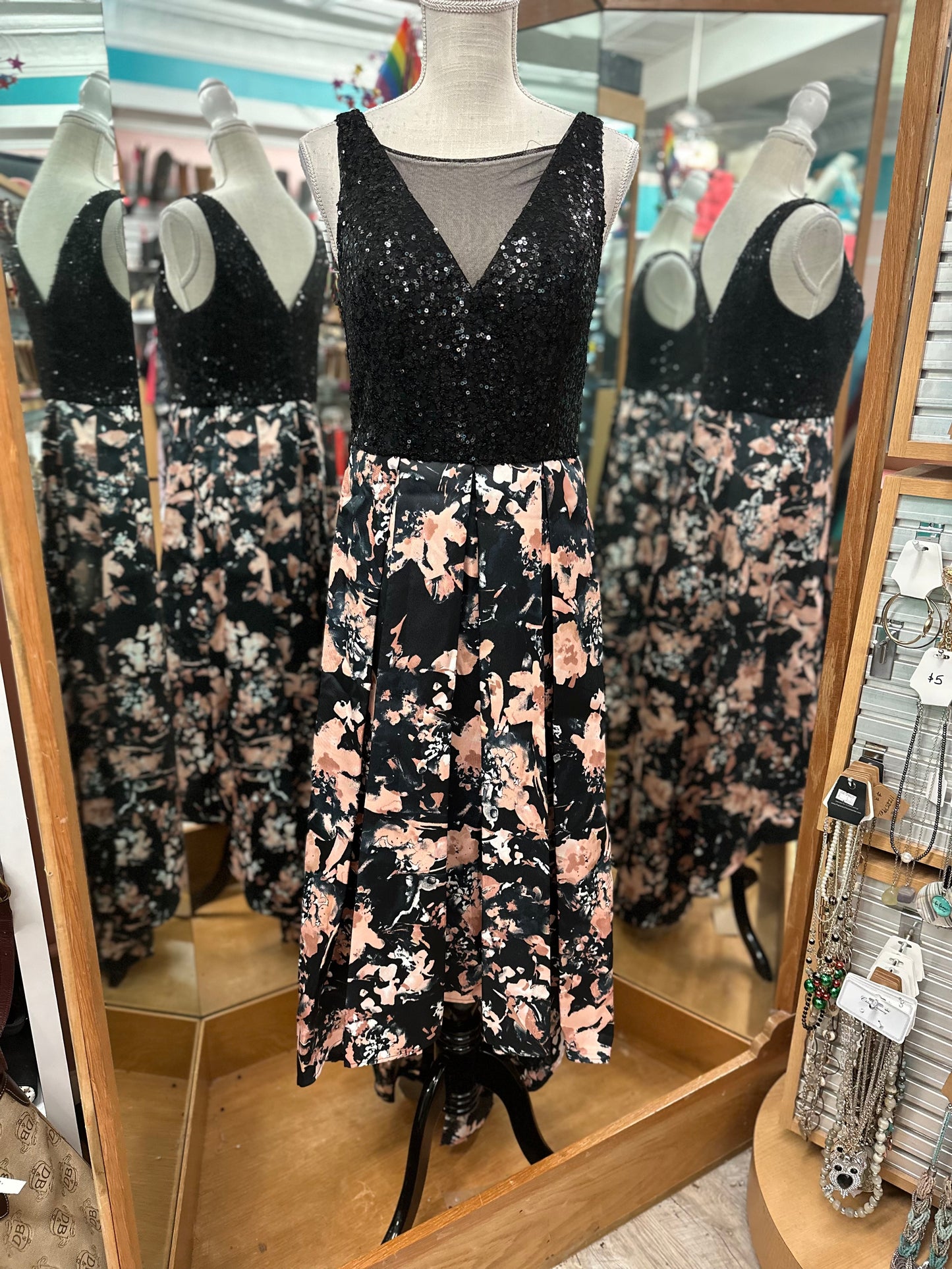 Marina Black Sequin Tank Dress with Floral Skirt in 10