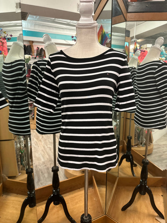 Tommy Hilfiger White and Black Striped Short Sleeve Top in S