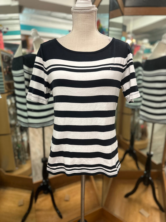 Tommy Hilfiger Black and White Striped Short Sleeve Top in M