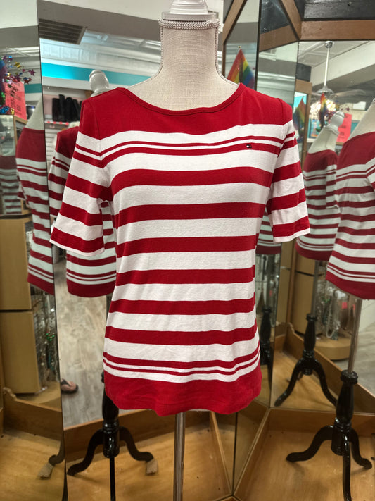 Tommy Hilfiger Red and White Striped Short Sleeve Top in M