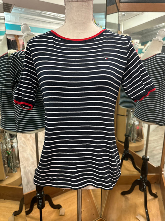 Tommy Hilfiger Navy and White Striped Short Sleeve Top in M